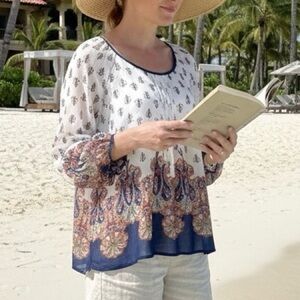 Paisley Print Semi Sheer Beige Peasant Top Hi Lo Long Puff Sleeve Tunic Top M